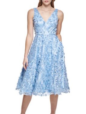Eliza J Sky Blue V-Neck Floral Appliqué Midi Dress